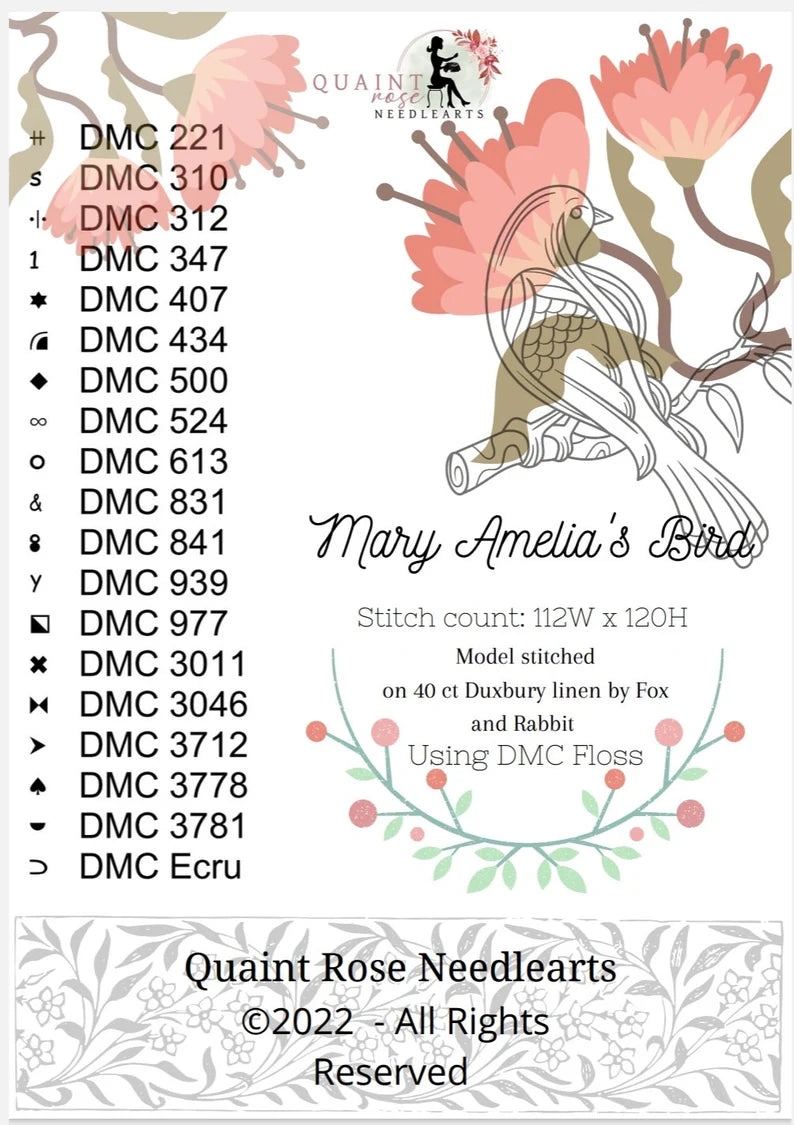 Quaint Rose Needlearts - Mary Amelia's Bird