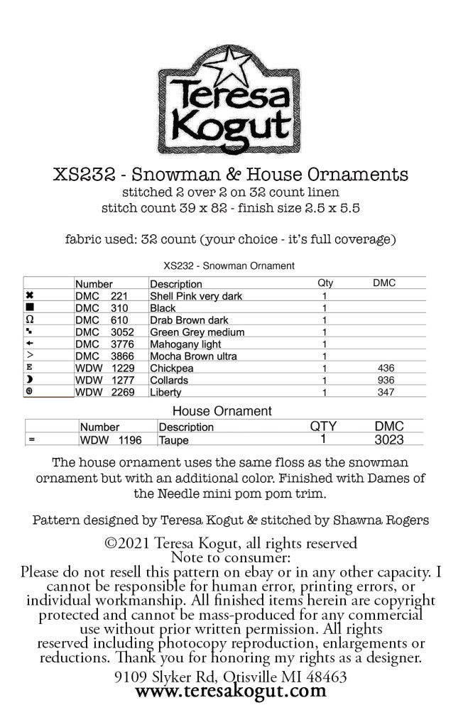 Teresa Kogut - Snowman & House Ornaments PUNCH NEEDLE