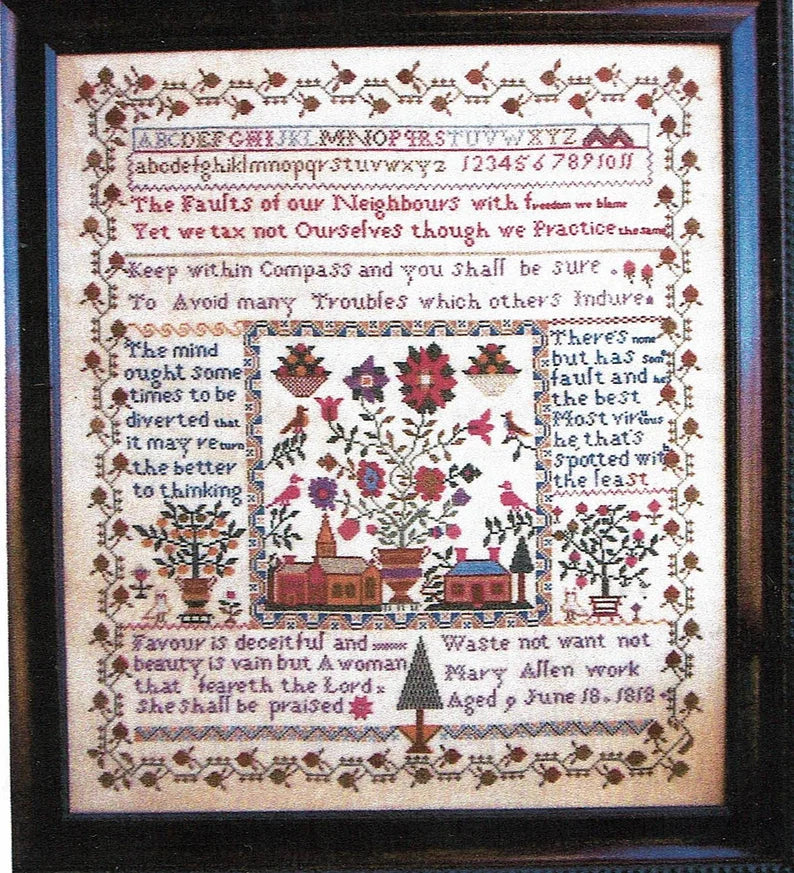 Samplers Remembered - Mary Allen 1818 Village Square Sampler