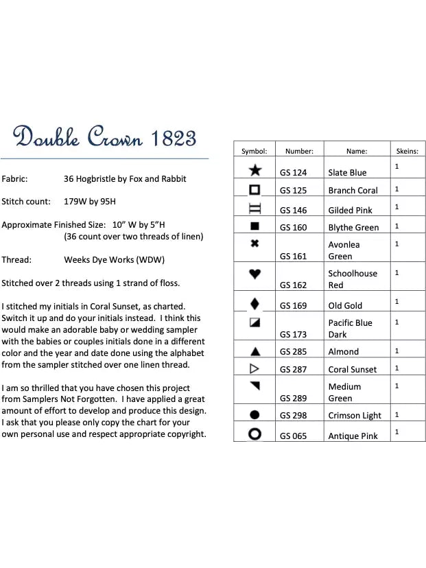 Samplers Not Forgotten - Double Crown 1823
