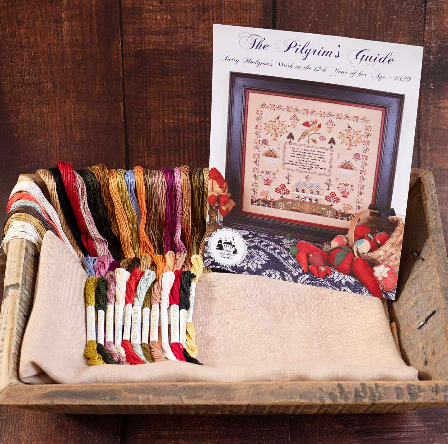 Homespun Needlework Exclusive - The Pilgrim's Guide; Betty Hodgson 1829 by 1897 Schoolhouse Samplers