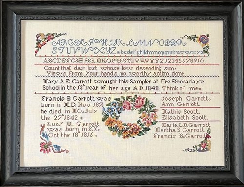 Queenstown Sampler Designs - Mary Garrott 1848